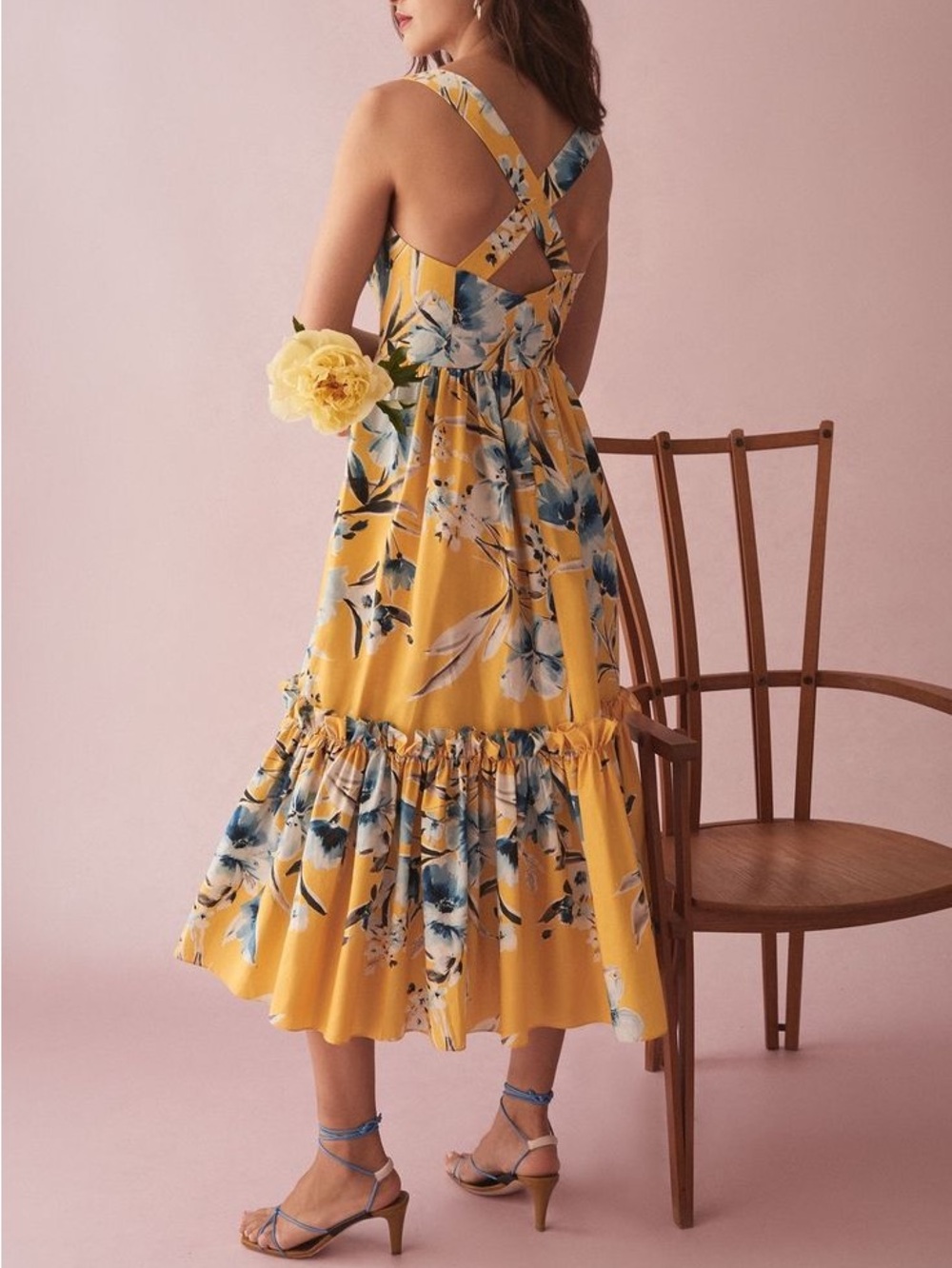 Cara Cara Julia 100% Cotton Yellow Floral Midi Dress Small